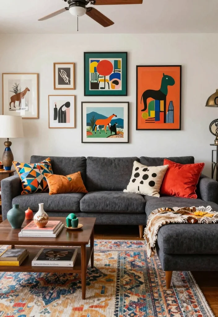 12 Dark Grey Sectional Living Room Ideas with Depth 8. Eclectic Mix 0