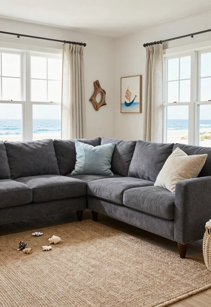 12 Dark Grey Sectional Living Room Ideas with Depth 9. Coastal Calm 0