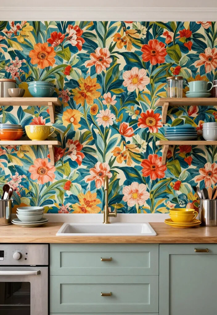 12 Eclectic Kitchen Ideas with Mixed Texture and Color 10. Bold Wallpaper 0