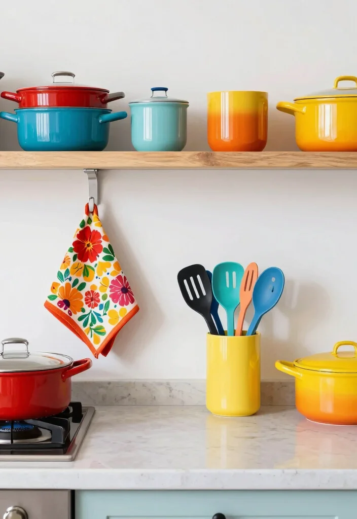 12 Eclectic Kitchen Ideas with Mixed Texture and Color 8. Colorful Utensils and Cookware 0