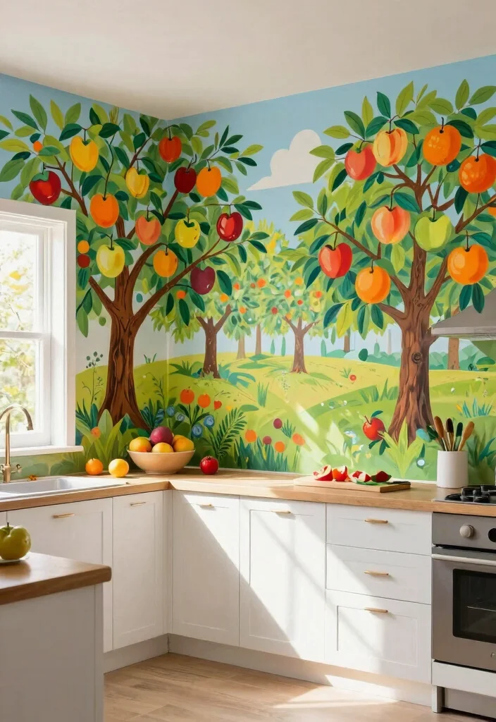 12 Kitchen Mural Ideas for Artistic Personality 1. Whimsical Fruit Orchard 0