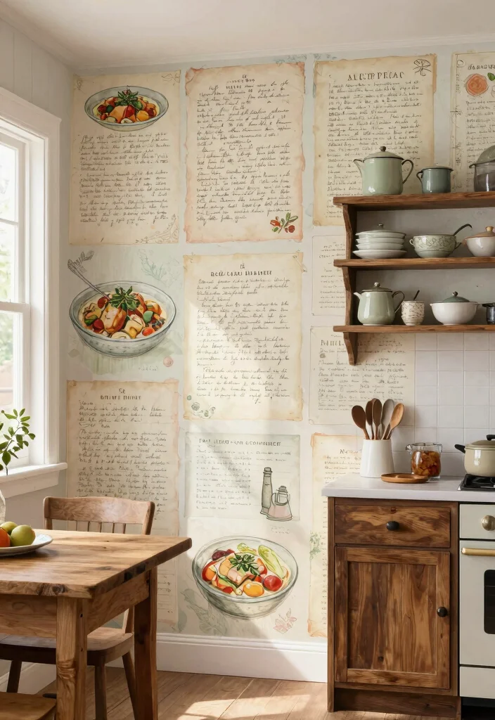 12 Kitchen Mural Ideas for Artistic Personality 2. Vintage Recipe Book Pages 0
