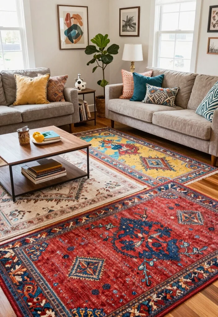 12 Living Room Divider Ideas for Small Spaces 10. Colorful Rugs Defining Spaces 0
