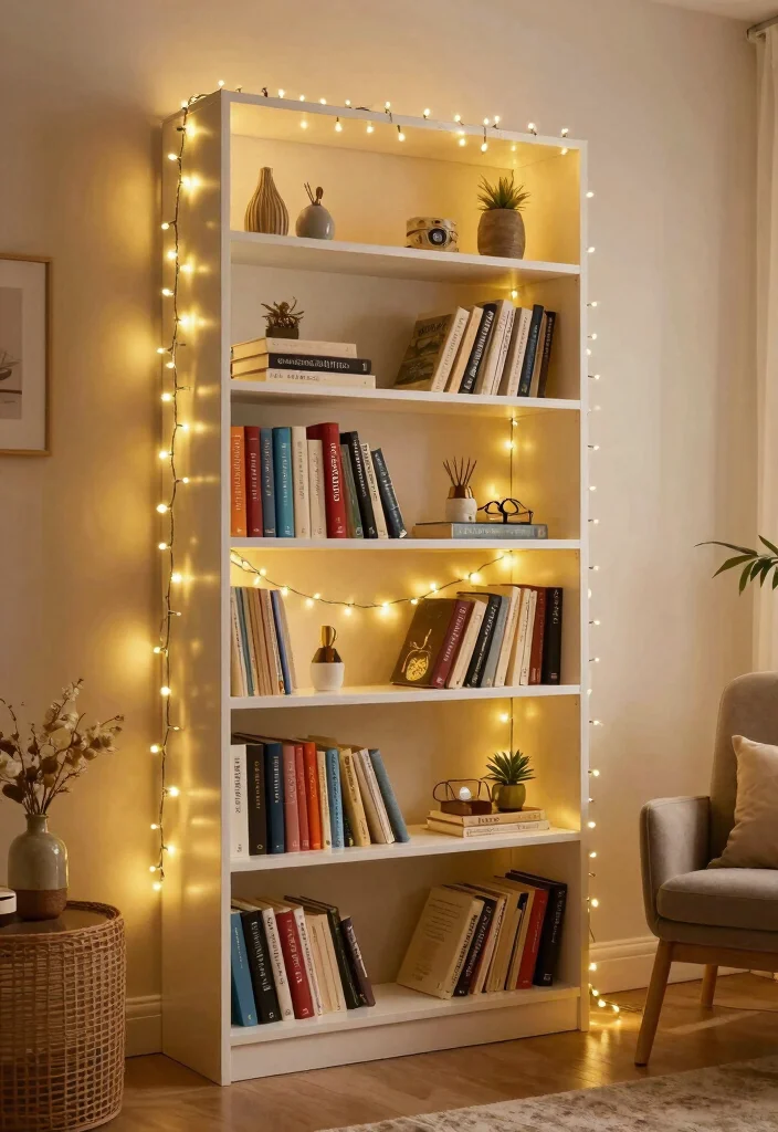 12 Living Room Fairy Light Ideas for Soft Glow 51 12 Living Room Fairy Light Ideas for Soft Glow 11. Fairy Lights Around a Bookshelf 0