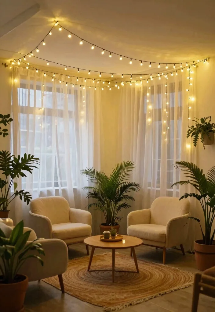 12 Living Room Fairy Light Ideas for Soft Glow 13 12 Living Room Fairy Light Ideas for Soft Glow 3. Fairy Light Canopy Over Seating Areas 0