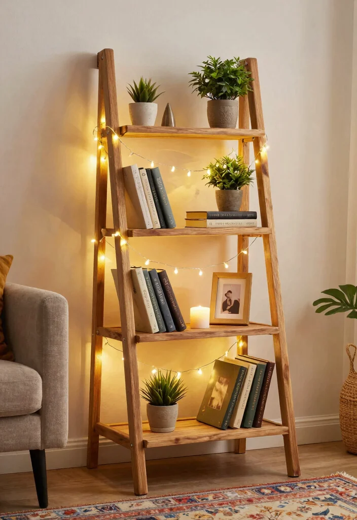 12 Living Room Fairy Light Ideas for Soft Glow 26 12 Living Room Fairy Light Ideas for Soft Glow 6. Fairy Lights in a DIY Ladder Shelf 0