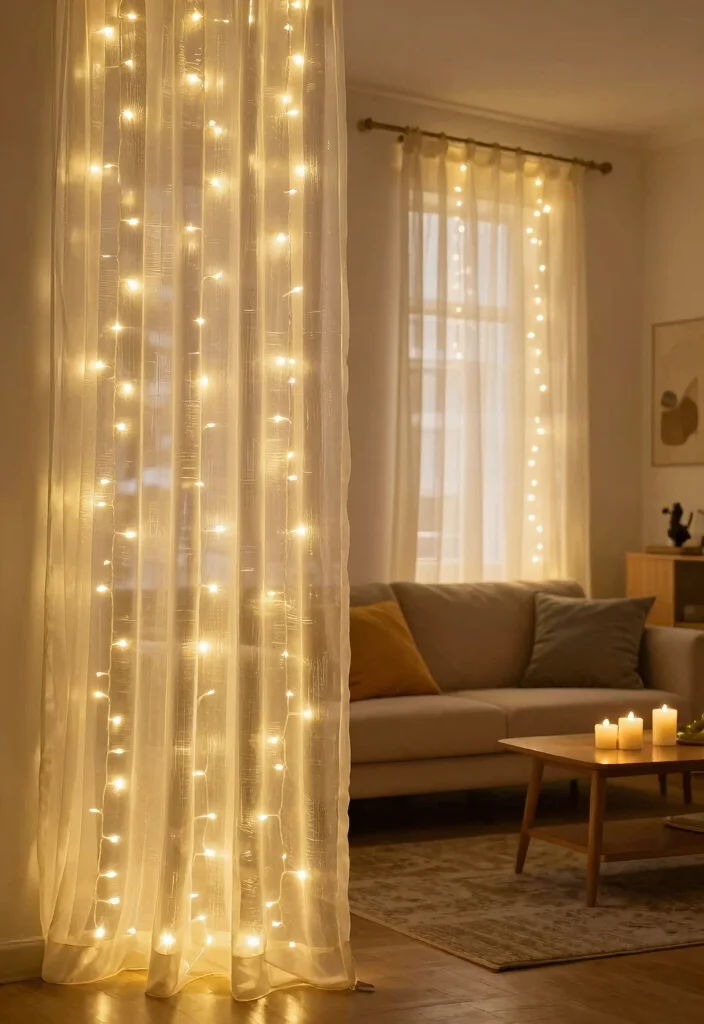 12 Living Room Fairy Light Ideas for Soft Glow 27 12 Living Room Fairy Light Ideas for Soft Glow 7. Fairy Lights in Curtains 0
