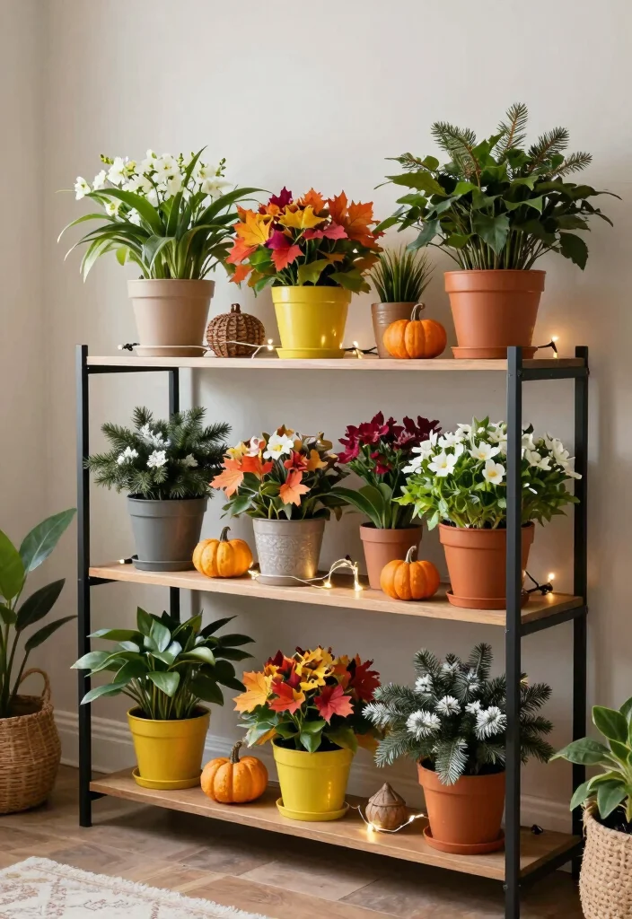 12 Living Room Plant Shelf Ideas to Bring Nature Indoors 61 12 Living Room Plant Shelf Ideas to Bring Nature Indoors 11. Seasonal Plant Shelf 0