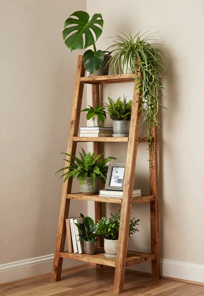 12 Living Room Plant Shelf Ideas to Bring Nature Indoors 13 12 Living Room Plant Shelf Ideas to Bring Nature Indoors 3. Ladder Style Plant Shelf 0