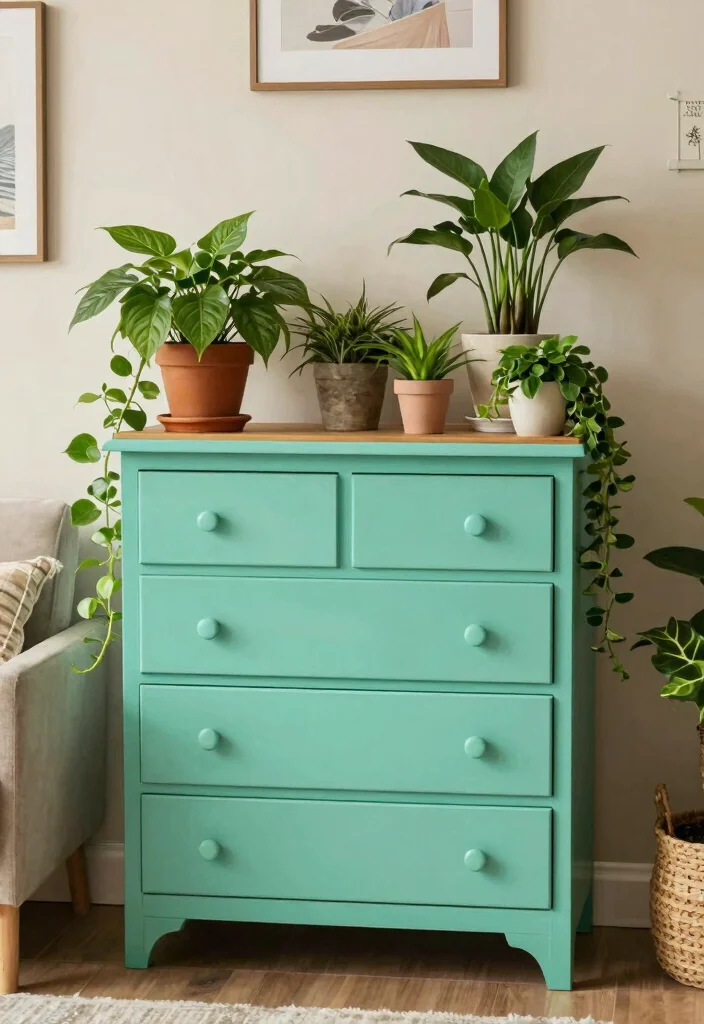 12 Living Room Plant Shelf Ideas to Bring Nature Indoors 37 12 Living Room Plant Shelf Ideas to Bring Nature Indoors 7. Repurposed Furniture as Plant Shelf 0