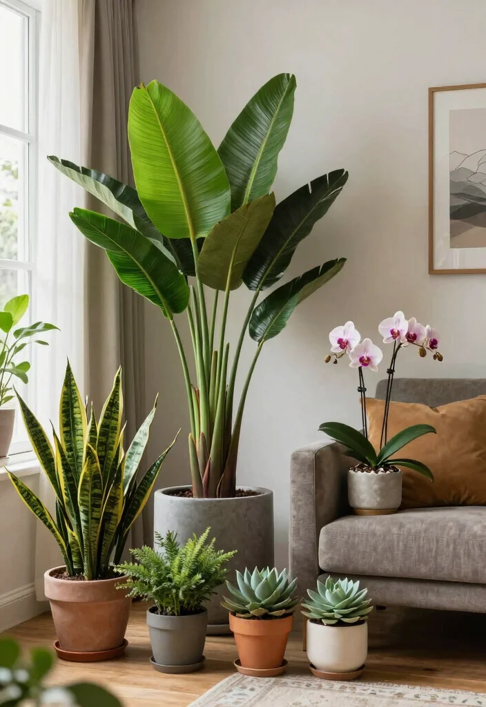 12 Living Room with Plants Ideas for a Fresh Look 10. Experiment with Plant Types 0