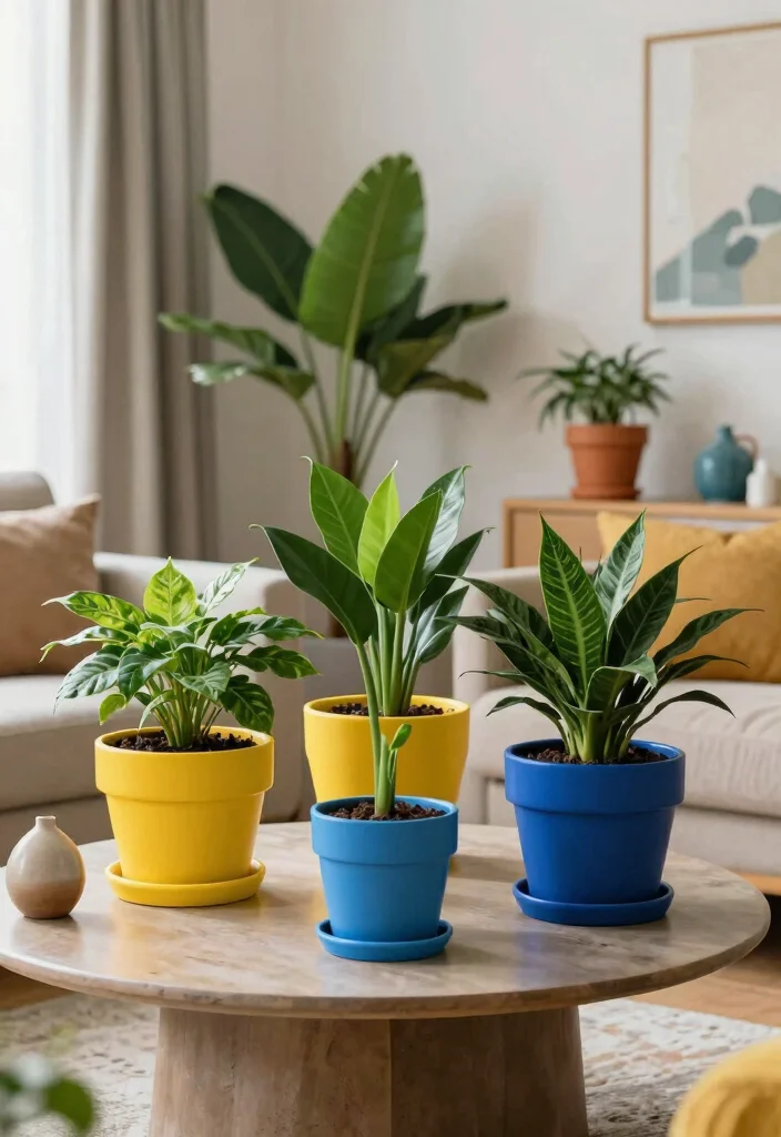 12 Living Room with Plants Ideas for a Fresh Look 8. Incorporate Colorful Pots 0