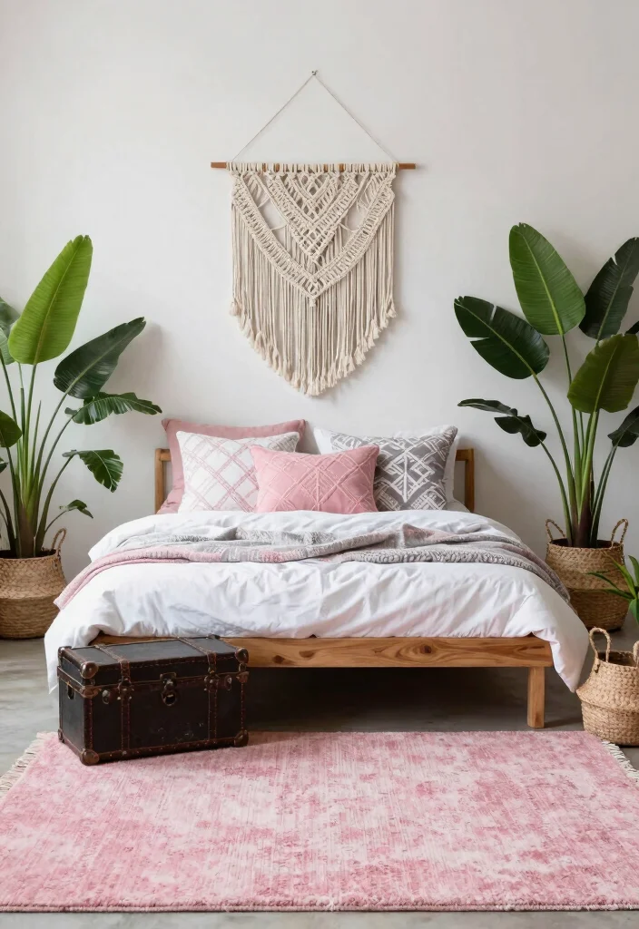 12 Pink White and Grey Bedroom Ideas with Soft Balance 1. Bohemian Bliss 0