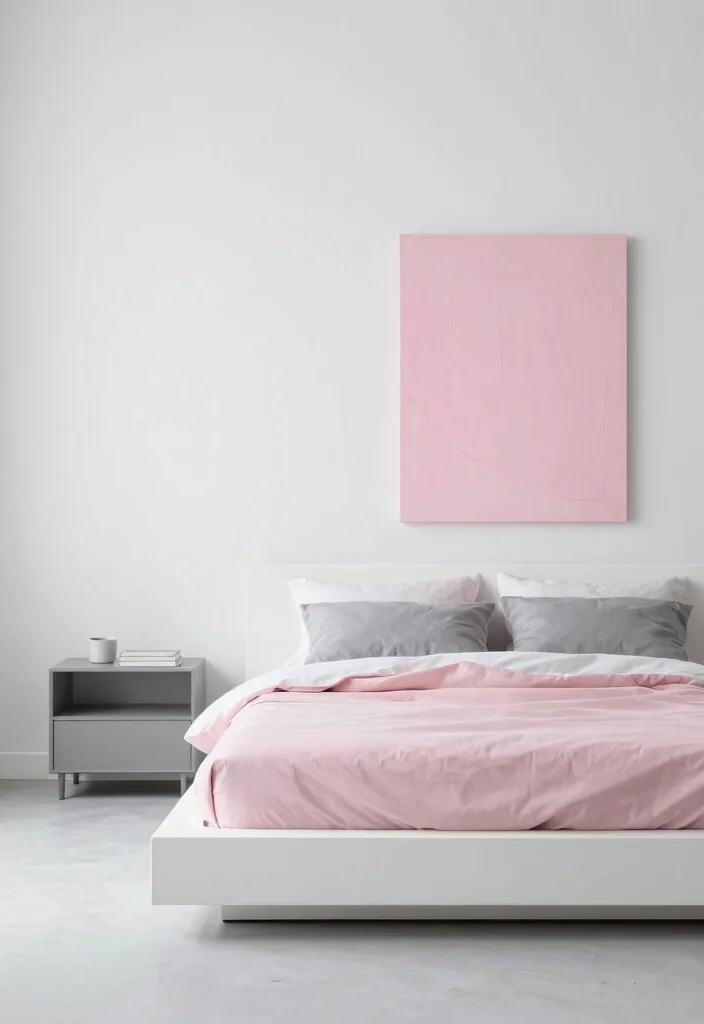 12 Pink White and Grey Bedroom Ideas with Soft Balance 2. Modern Minimalism 0