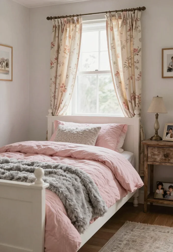 12 Pink White and Grey Bedroom Ideas with Soft Balance 3. Cozy Cottage Charm 0