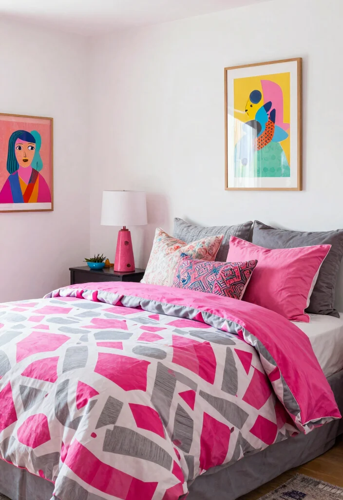 12 Pink White and Grey Bedroom Ideas with Soft Balance 5. Playful Patterns 0