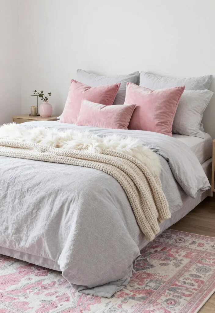 12 Pink White and Grey Bedroom Ideas with Soft Balance 6. Textured Layers 0