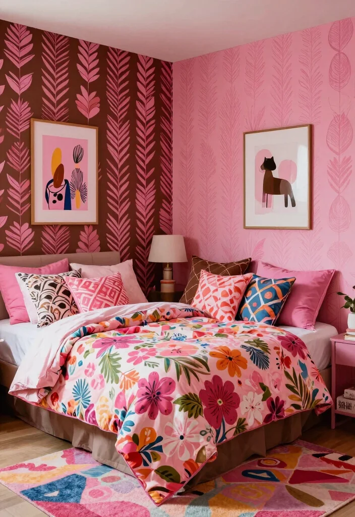 12 Pink and Brown Bedroom Ideas for Warm Contrast 4. Playful Patterns 0