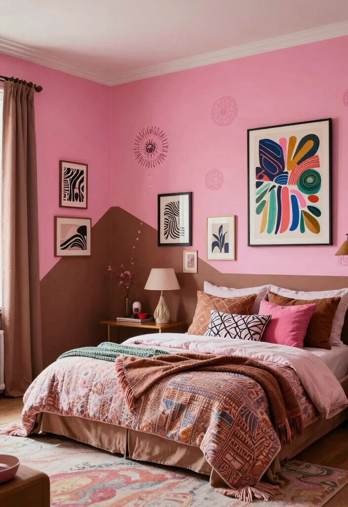 12 Pink and Brown Bedroom Ideas for Warm Contrast 7. Artistic Vibes 0