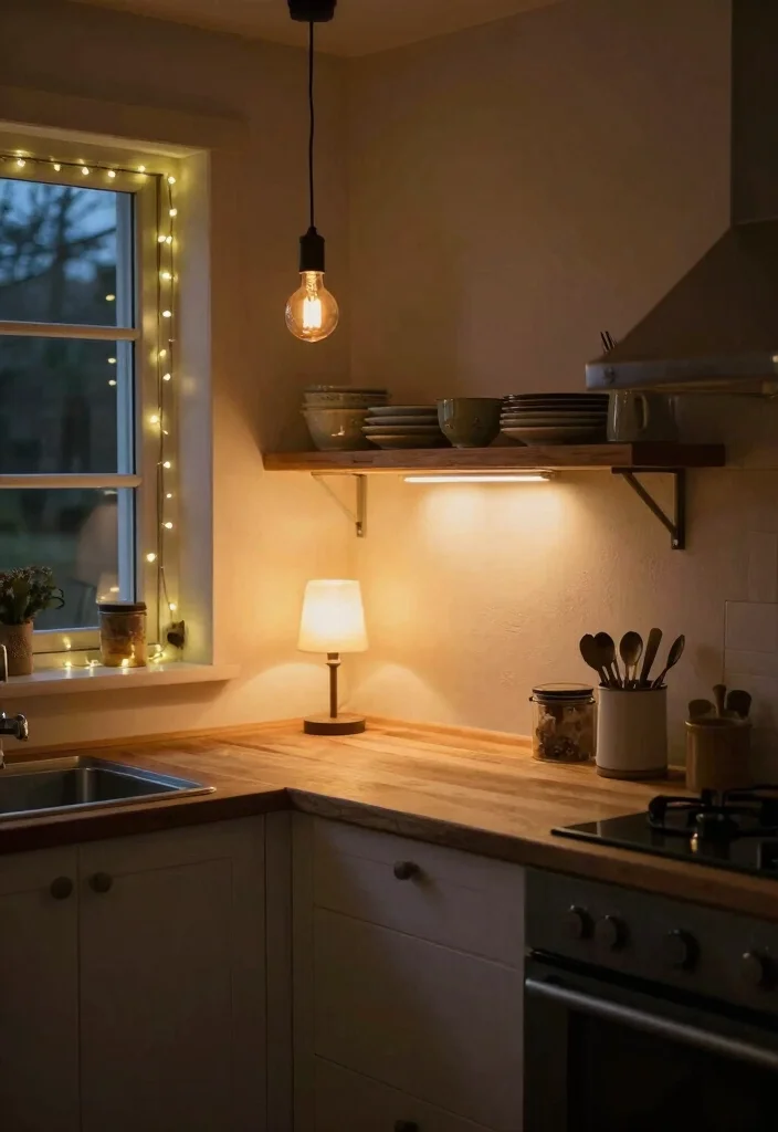 12 Rustic Small Kitchen Ideas with Cozy Character 6. Cozy Lighting 0