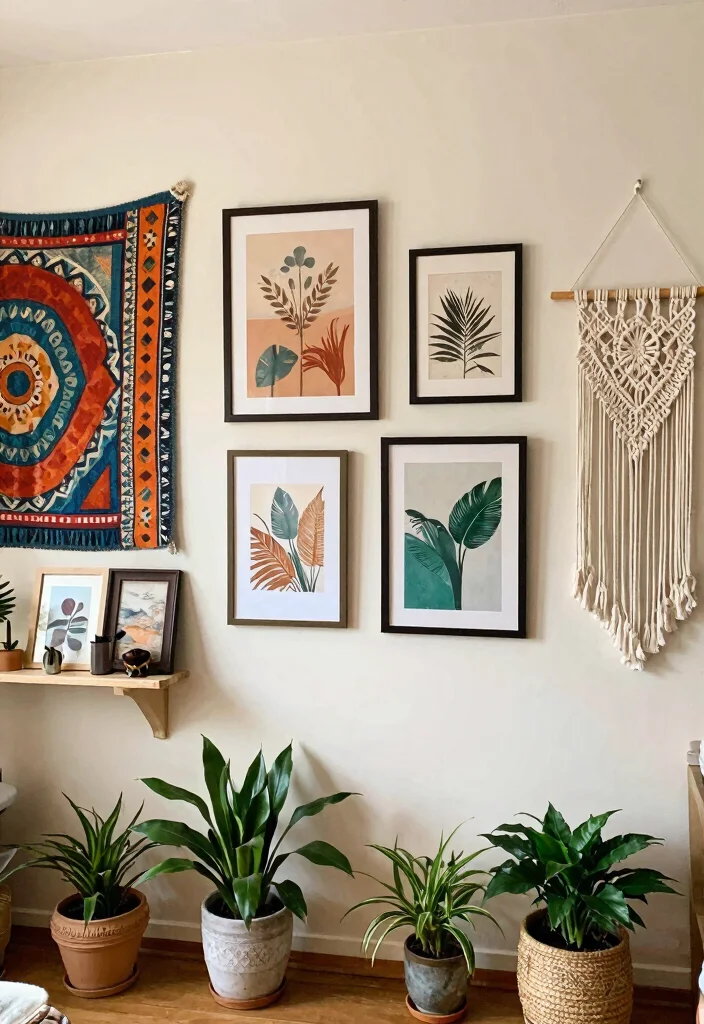 12 Small Boho Living Room Ideas with Relaxed Vibes 3. Boho Inspired Wall Art 0