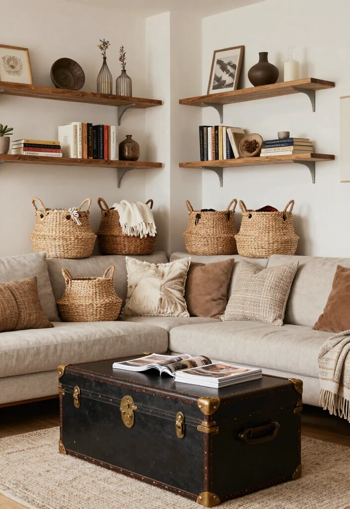 12 Small Boho Living Room Ideas with Relaxed Vibes 9. Functional and Stylish Storage 0