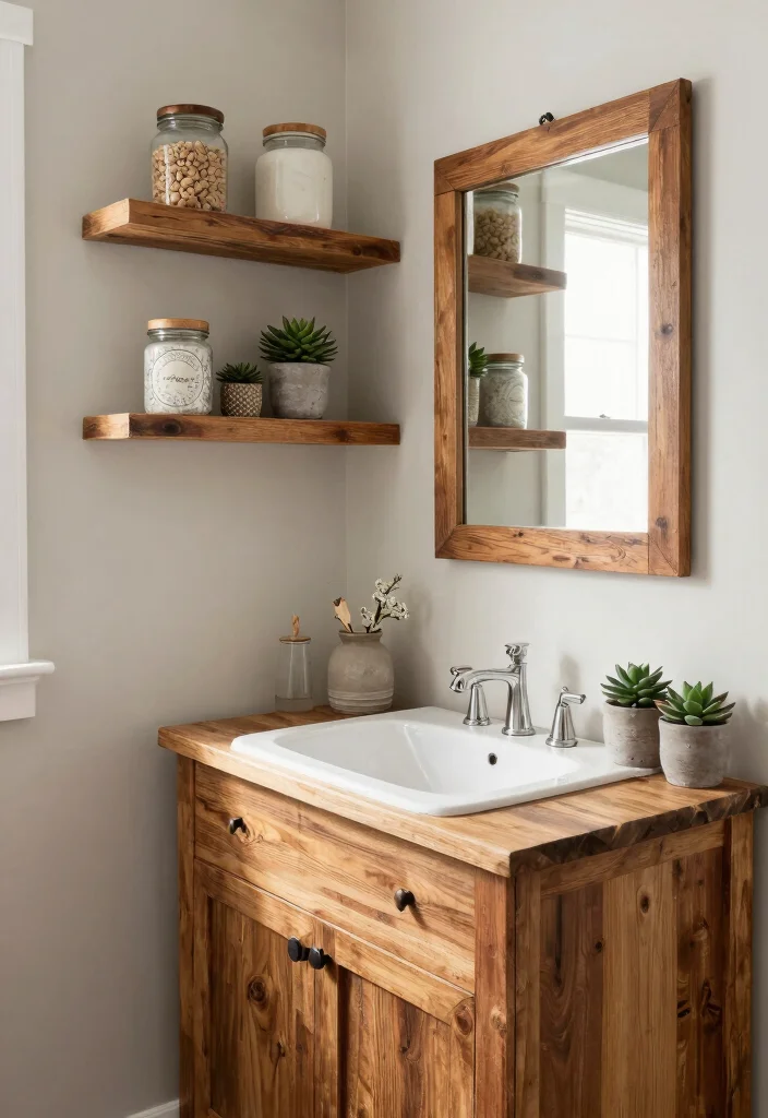 12 Small Farmhouse Bathroom Ideas with Cozy Rustic Charm 1. Reclaimed Wood Accents 0