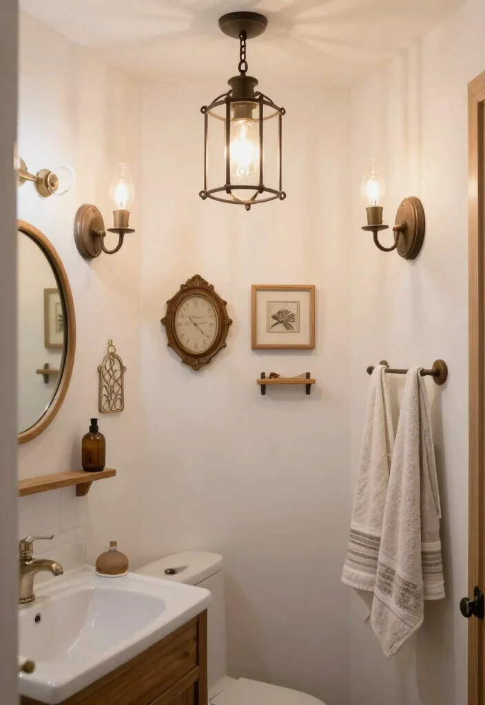 12 Small Farmhouse Bathroom Ideas with Cozy Rustic Charm 2. Vintage Style Lighting 0
