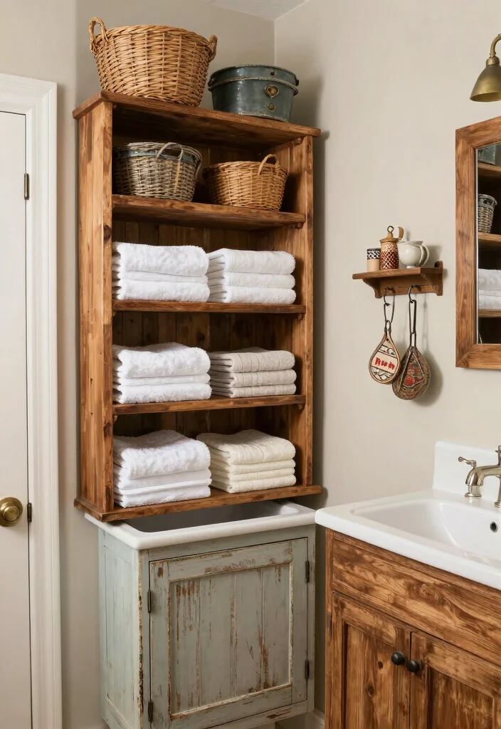 12 Small Farmhouse Bathroom Ideas with Cozy Rustic Charm 5. Rustic Storage Solutions 0