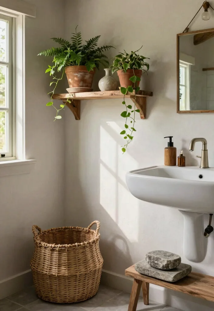 12 Small Farmhouse Bathroom Ideas with Cozy Rustic Charm 7. Nature Inspired Decor 0