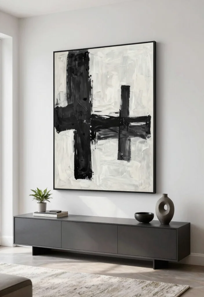 12 White and Black Living Room Ideas with Clean Contrast 1. Artistic Wall Art 0