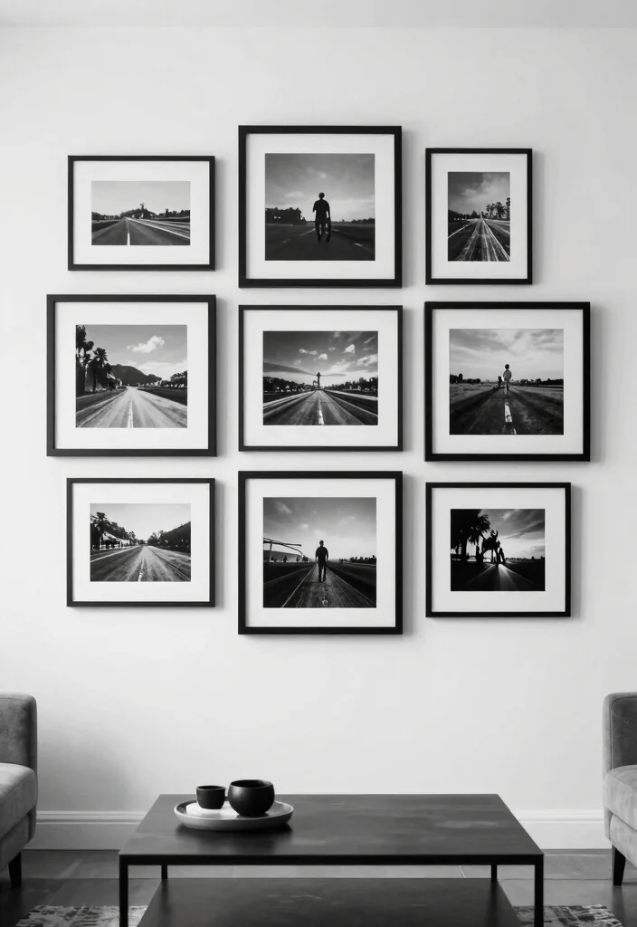 12 White and Black Living Room Ideas with Clean Contrast 10. Black and White Photography 0