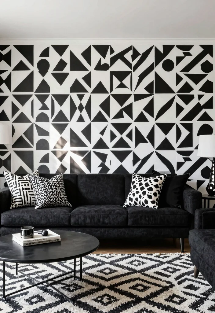 12 White and Black Living Room Ideas with Clean Contrast 12. Monochrome Patterns 0