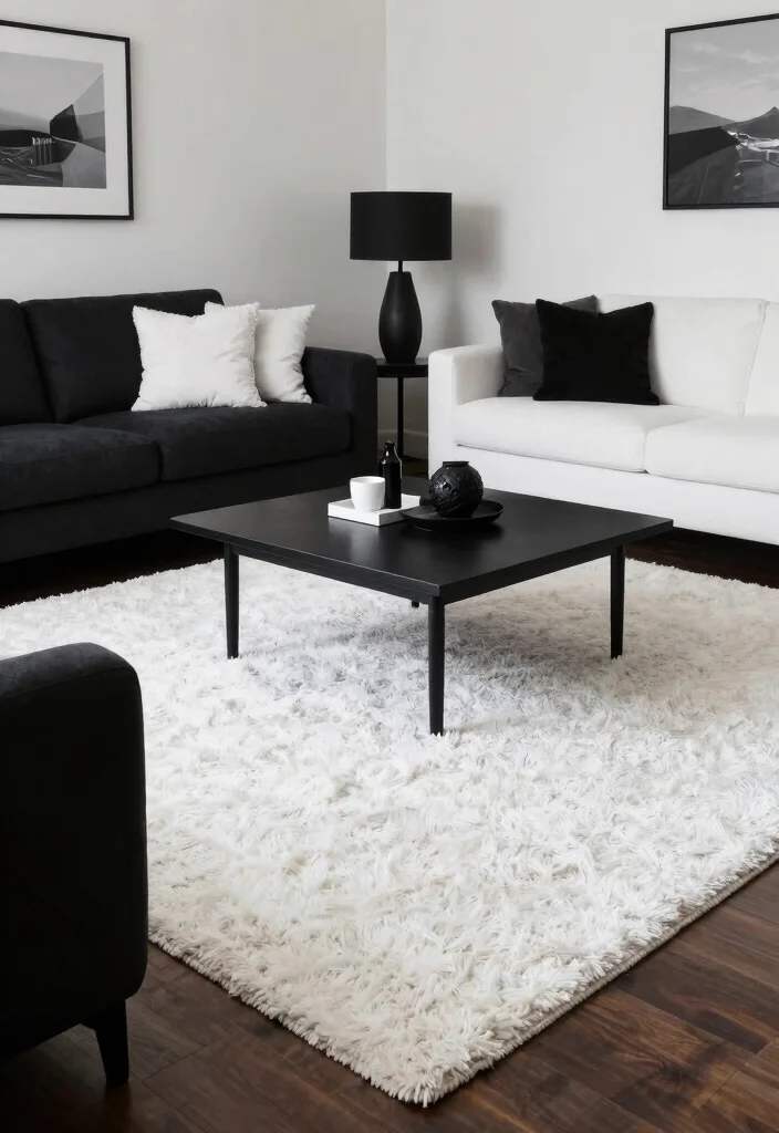 12 White and Black Living Room Ideas with Clean Contrast 3. Textured Rugs 0