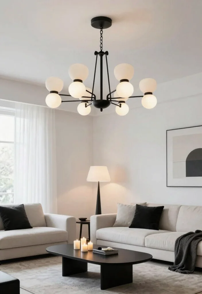 12 White and Black Living Room Ideas with Clean Contrast 4. Elegant Lighting 0