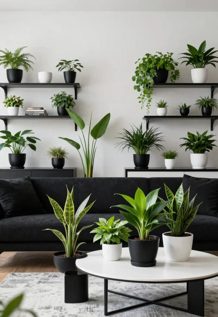 12 White and Black Living Room Ideas with Clean Contrast 5. Greenery Touch 0