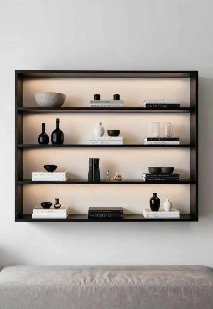 12 White and Black Living Room Ideas with Clean Contrast 6. Minimalist Shelving 0