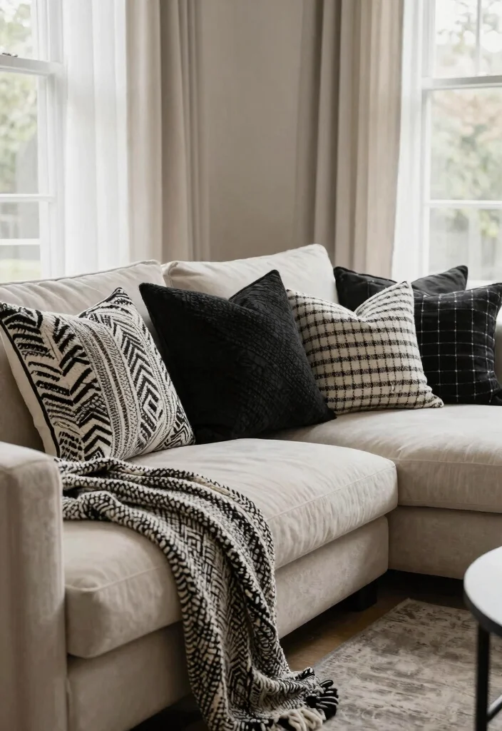 12 White and Black Living Room Ideas with Clean Contrast 7. Black and White Textiles 0