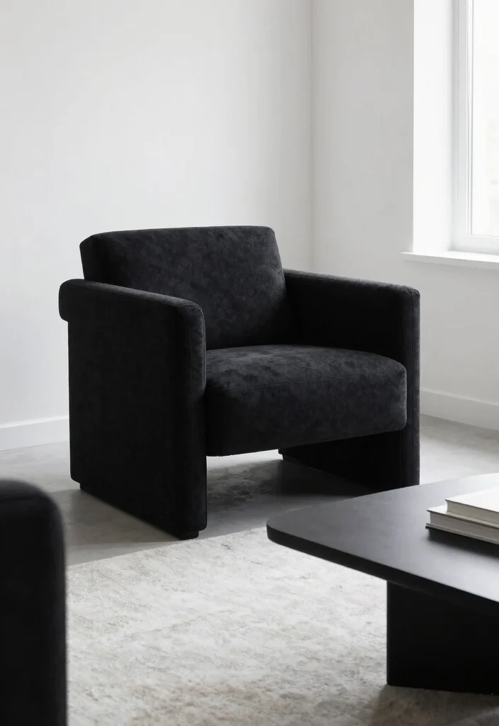 12 White and Black Living Room Ideas with Clean Contrast 8. Statement Furniture Pieces 0