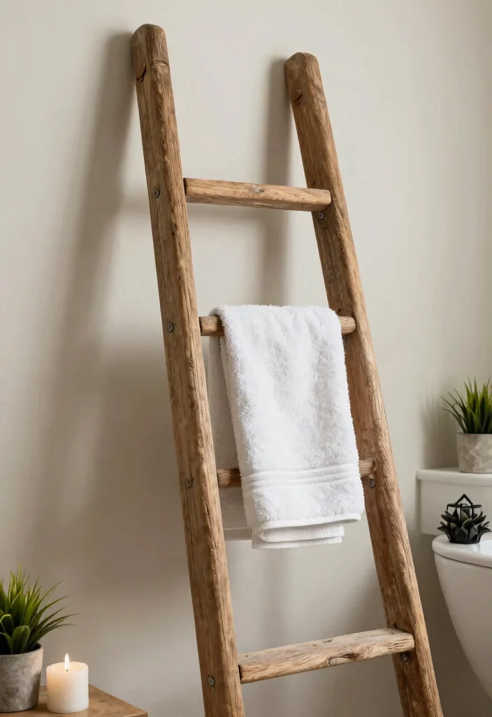 14 DIY Bathroom Ideas for Affordable Stylish Upgrades 11. Vintage Ladder Towel Holder 0