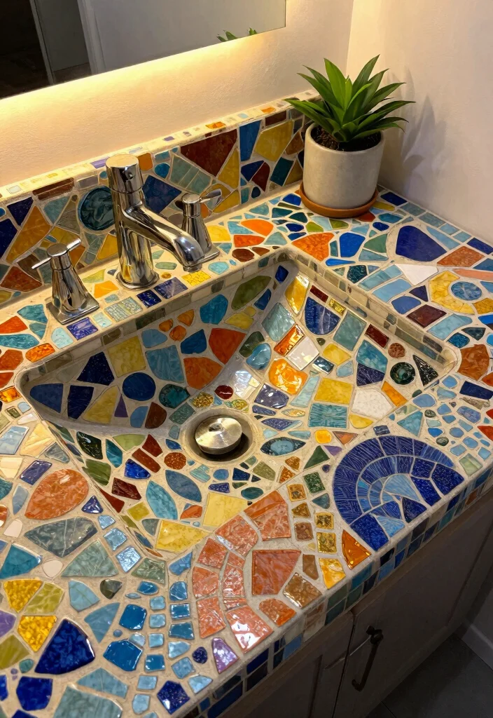 14 DIY Bathroom Ideas for Affordable Stylish Upgrades 4. Mosaic Tiled Countertops 0