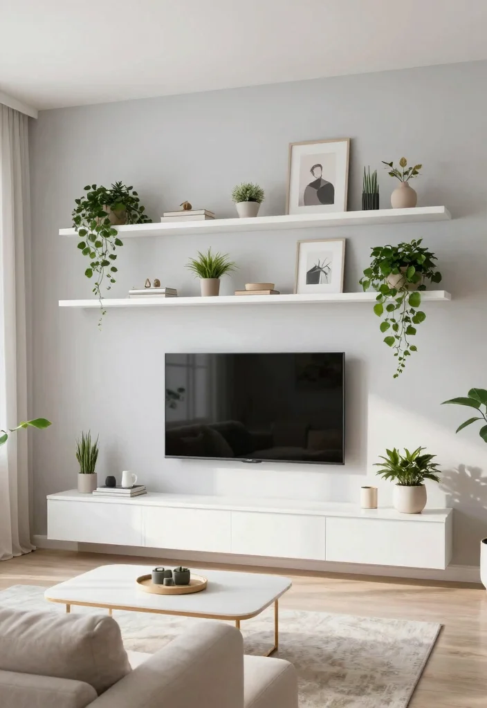 14 Floating TV Wall Ideas for Small Living Rooms 1. Minimalist White Floating Shelves 0