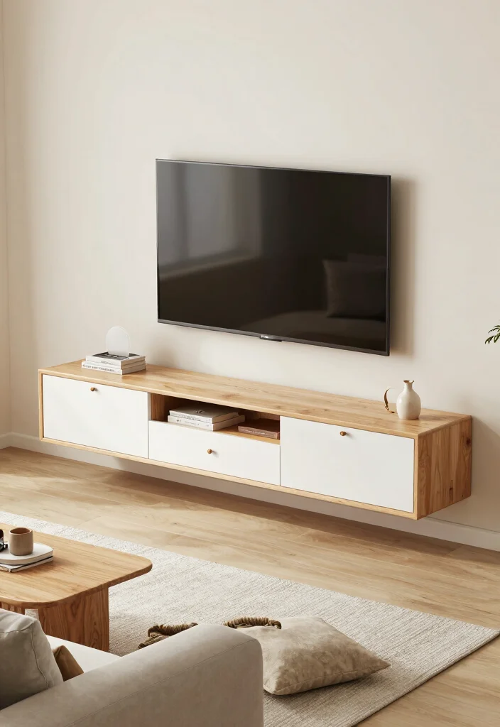 14 Floating TV Wall Ideas for Small Living Rooms 10. Floating TV Stand with Storage 0