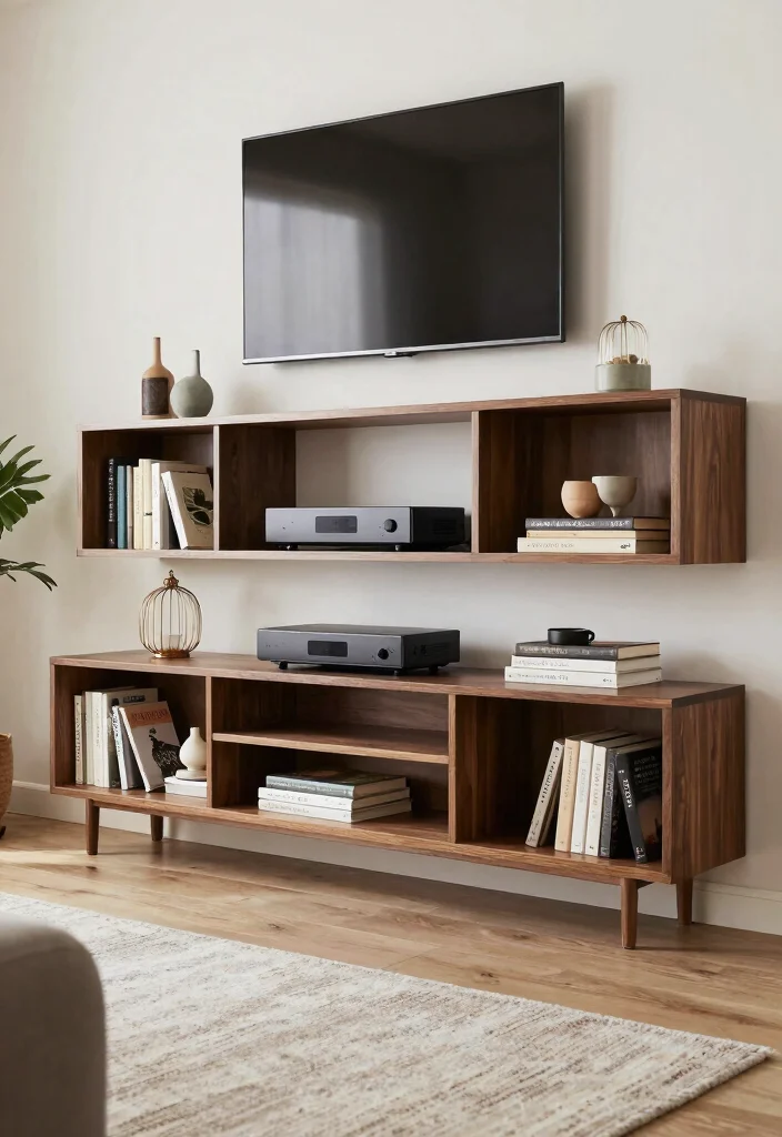 14 Floating TV Wall Ideas for Small Living Rooms 11. Open Floating Shelving for Media Storage 0