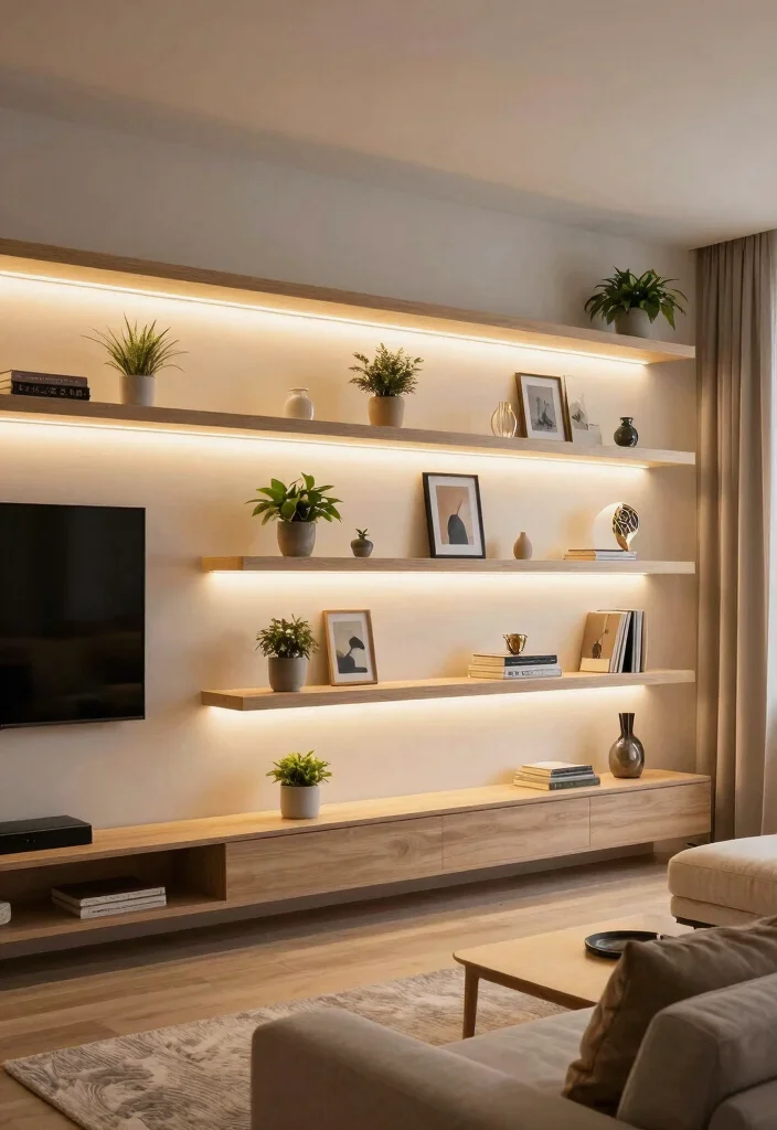 14 Floating TV Wall Ideas for Small Living Rooms 13. Floating Shelves with Built in Lighting 0