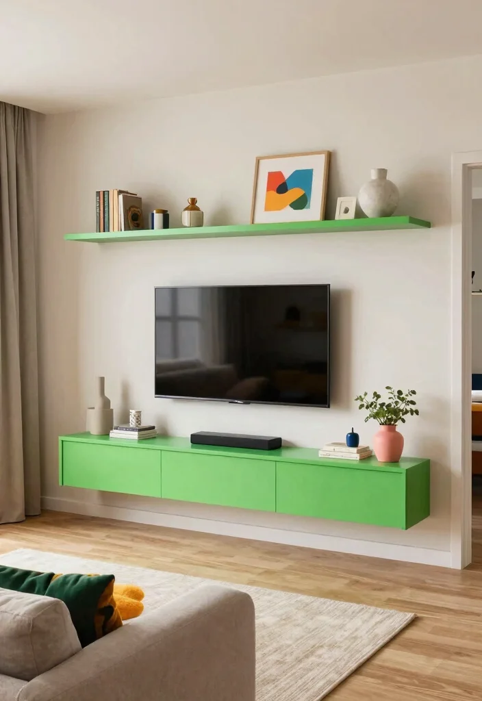 14 Floating TV Wall Ideas for Small Living Rooms 14. Floating Units with Colorful Accents 0