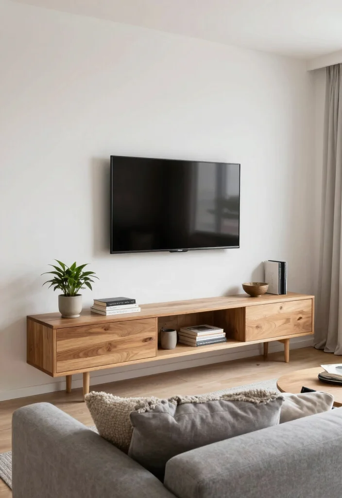14 Floating TV Wall Ideas for Small Living Rooms 2. Natural Wood Floating Units 0