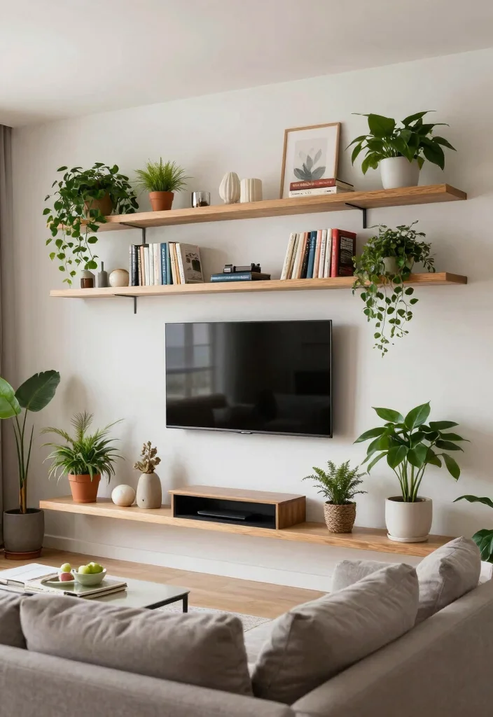 14 Floating TV Wall Ideas for Small Living Rooms 9. Floating Shelf Layering 0