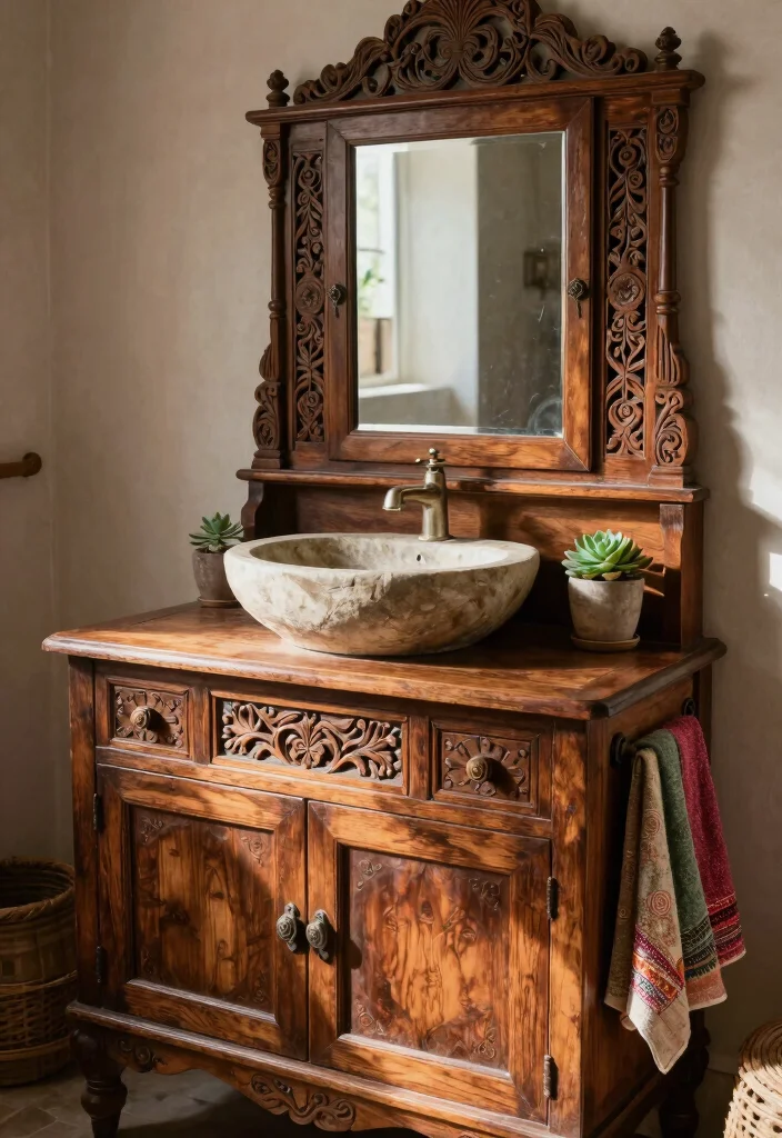 14 Indian Bathroom Ideas with Traditional Modern Balance 1. Antique Wooden Vanities 0