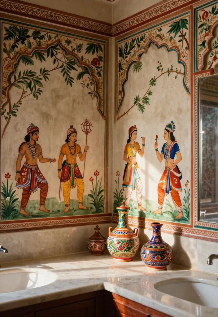 14 Indian Bathroom Ideas with Traditional Modern Balance 4. Traditional Indian Artworks 0